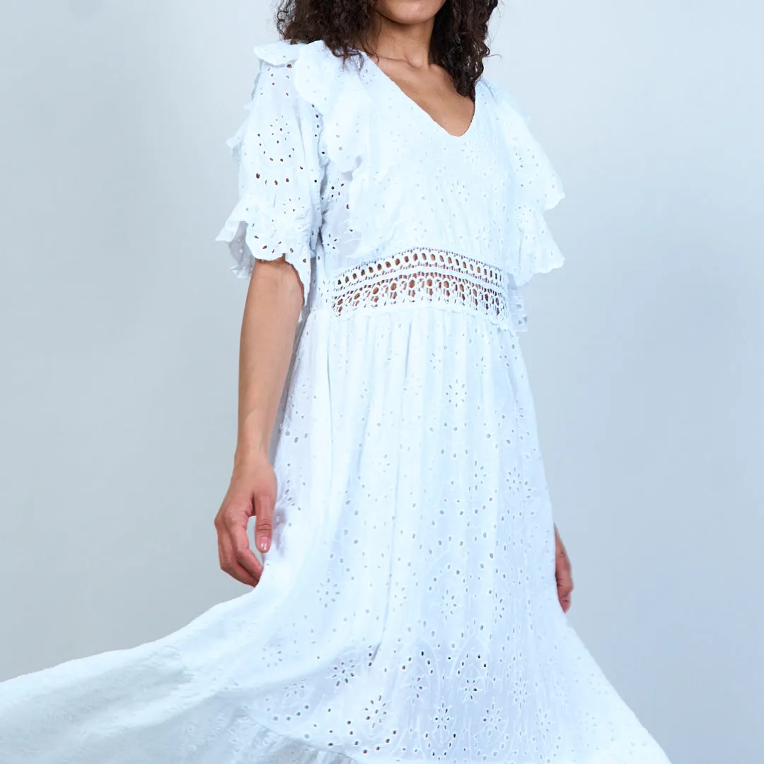 100% Cotton solid color hollow embroidery long dress wholesale