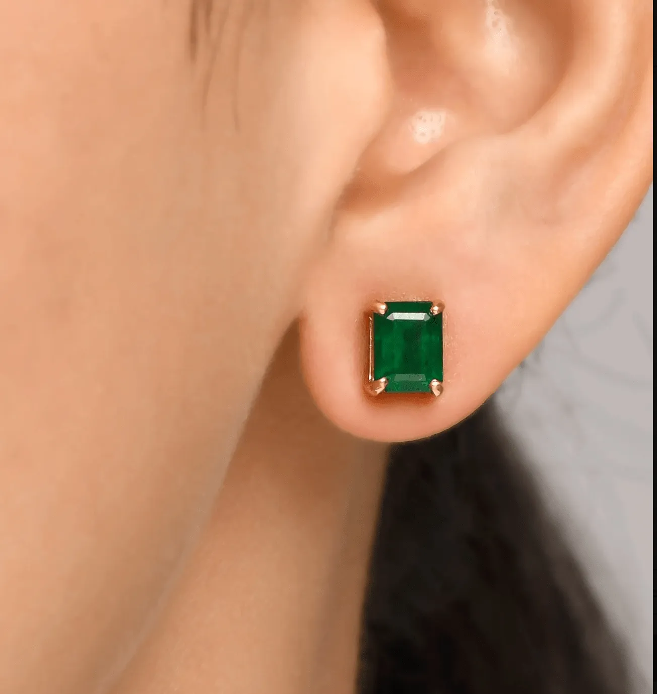 14K & 18K Gold Emerald Stud Earrings, 5 x 3 mm