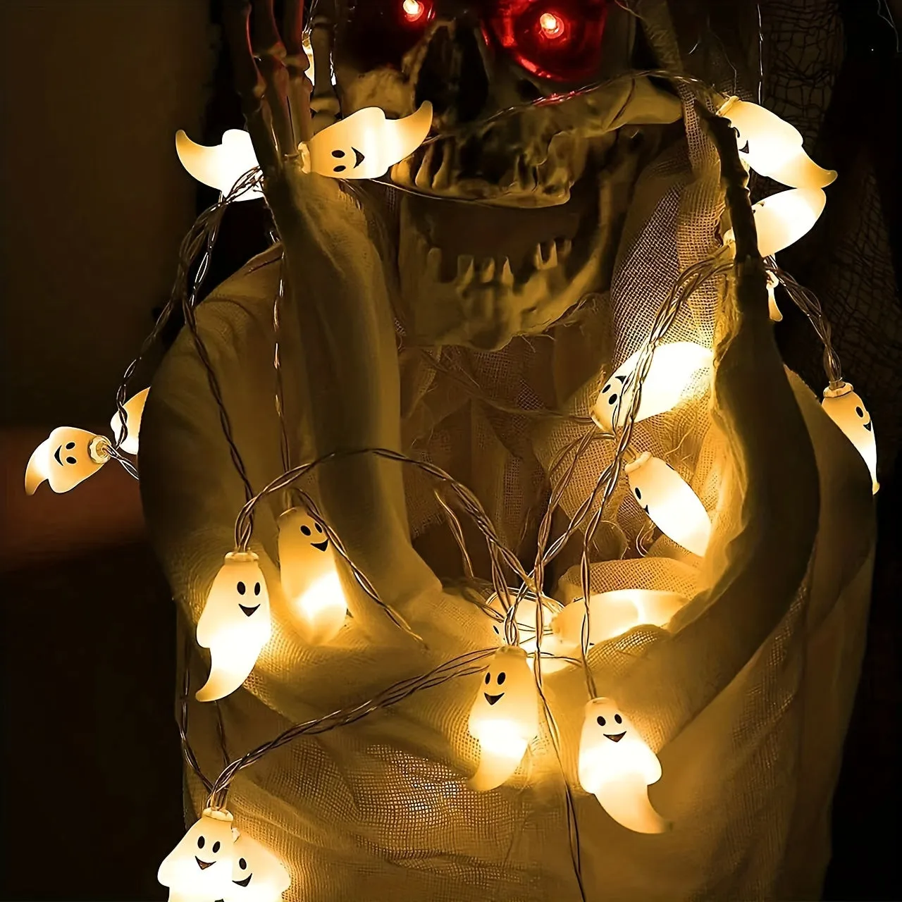 1pc LED Ghost String Lights for Halloween Decorations - Indoor/Outdoor Use, Battery-Powered, Perfect for Home, Bedroom, Birthday Party, Theme Party, and More