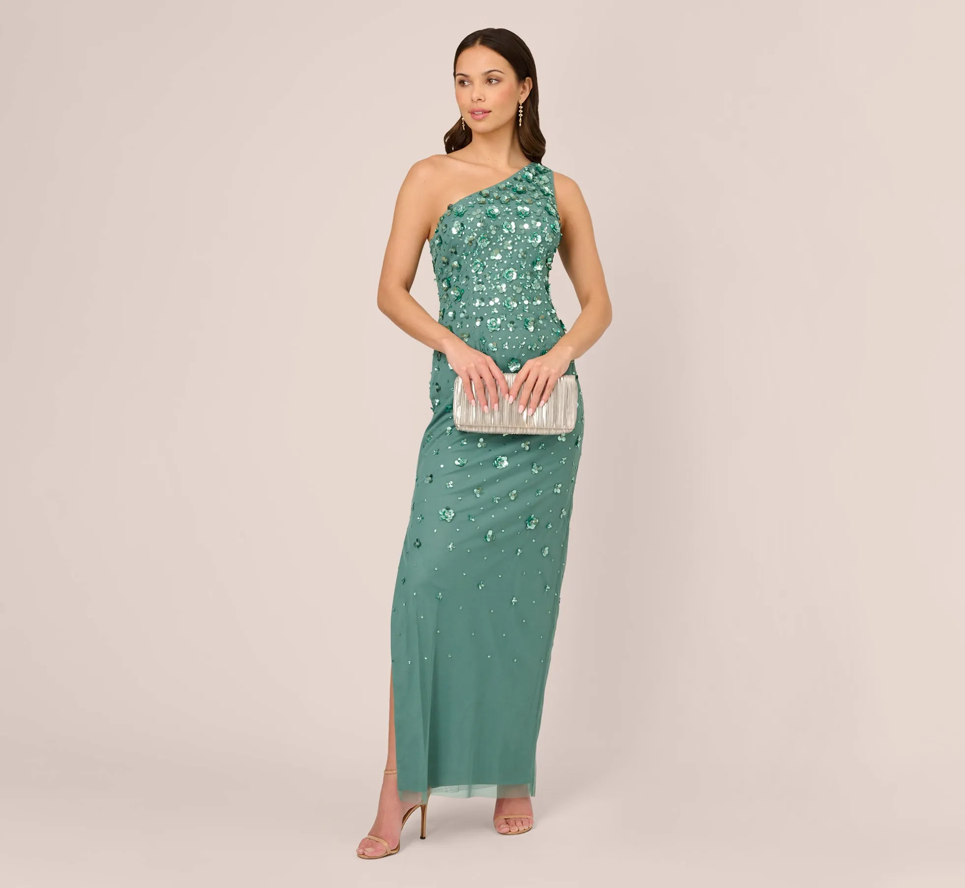 3D Floral Hand-Beaded One-Shoulder Long Column Gown In Green Slate