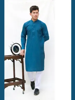 AM Men's Festive Plain Kurta Bright Sea Blue