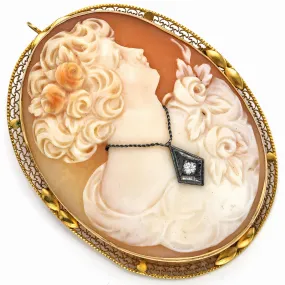 Antique 14K Yellow Gold Cameo Diamond Large Oval Brooch Pin Pendant