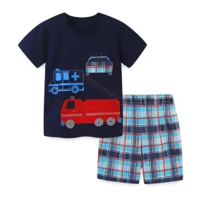 Black Boys Fire Truck Embroidered T-shirt with Shorts Summer Set