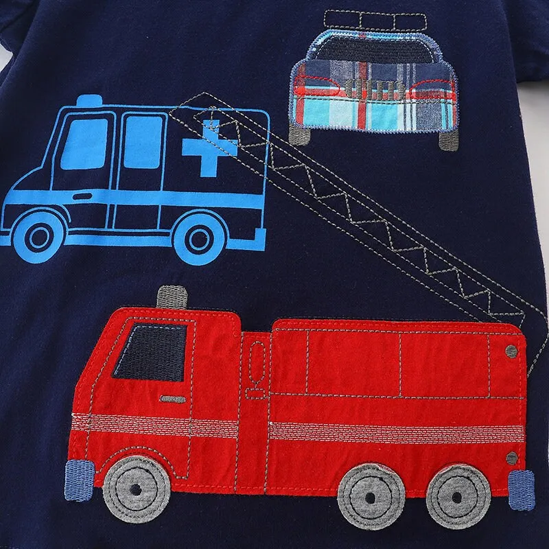 Black Boys Fire Truck Embroidered T-shirt with Shorts Summer Set