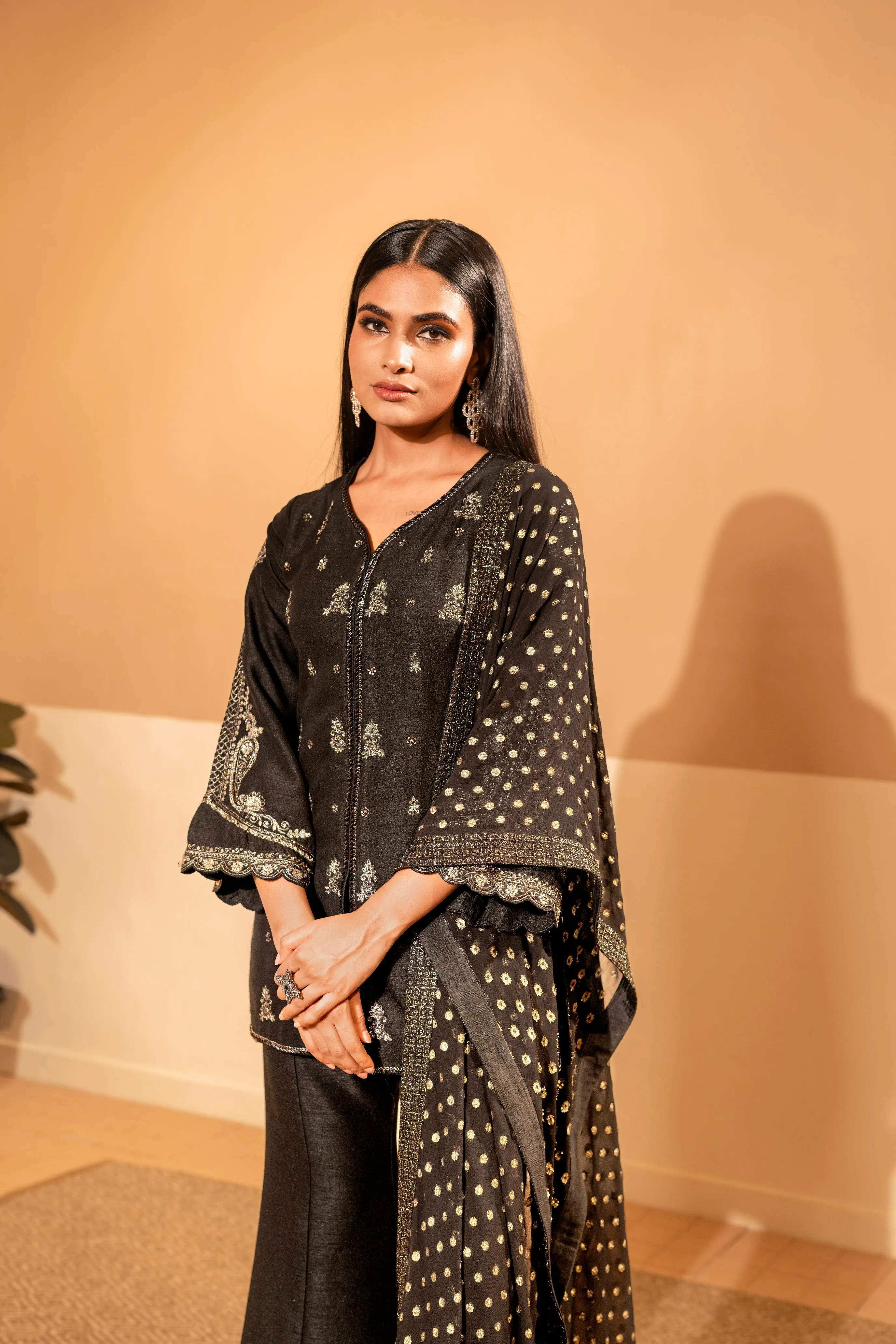 Black Embellished Raw Silk Palazzo Set