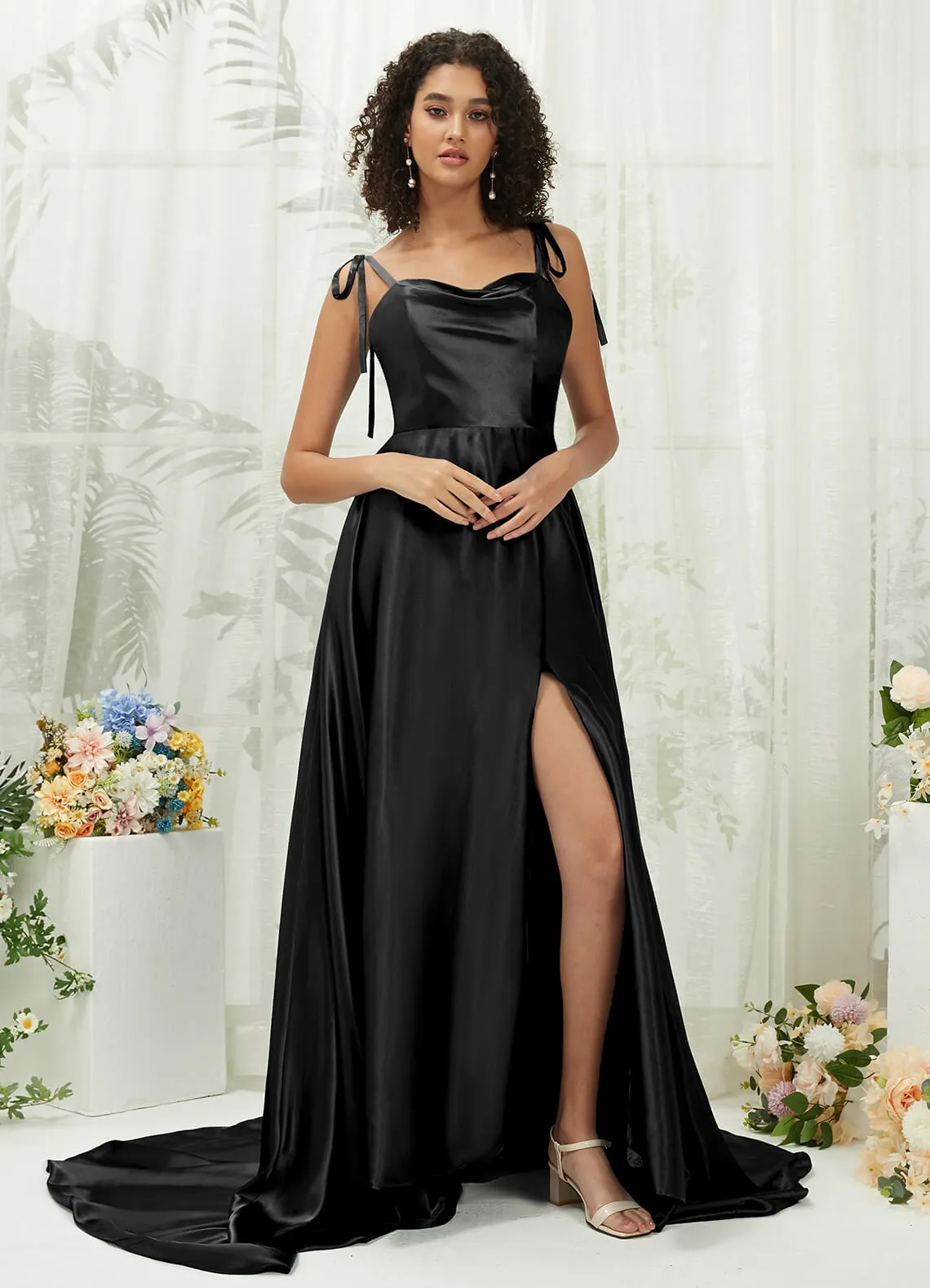 Black Satin Sweetheart Adjustable Straps Formal Gown With Pocket