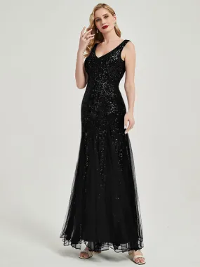 Black Sequin Tulle V-Neck Sleeveless Maxi Mermaid Evening Dress