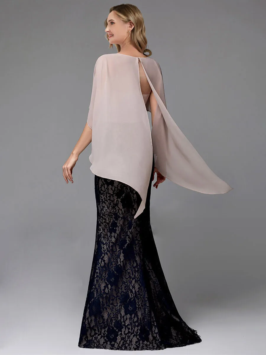 Black Taupe Lace Drape Shawl Sleeve V-Neck Floor Length Mermaid Mother Dress