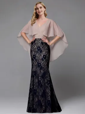 Black Taupe Lace Drape Shawl Sleeve V-Neck Floor Length Mermaid Mother Dress