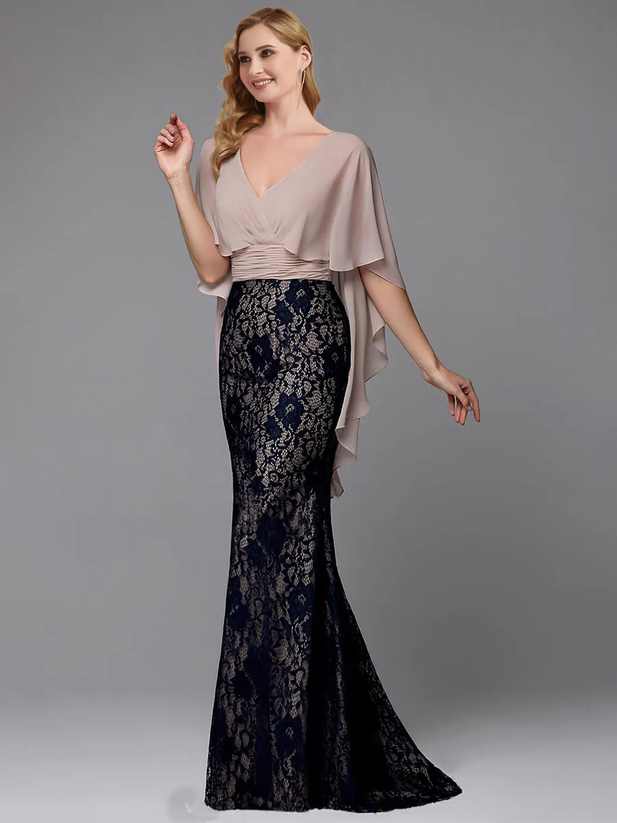 Black Taupe Lace Drape Shawl Sleeve V-Neck Floor Length Mermaid Mother Dress