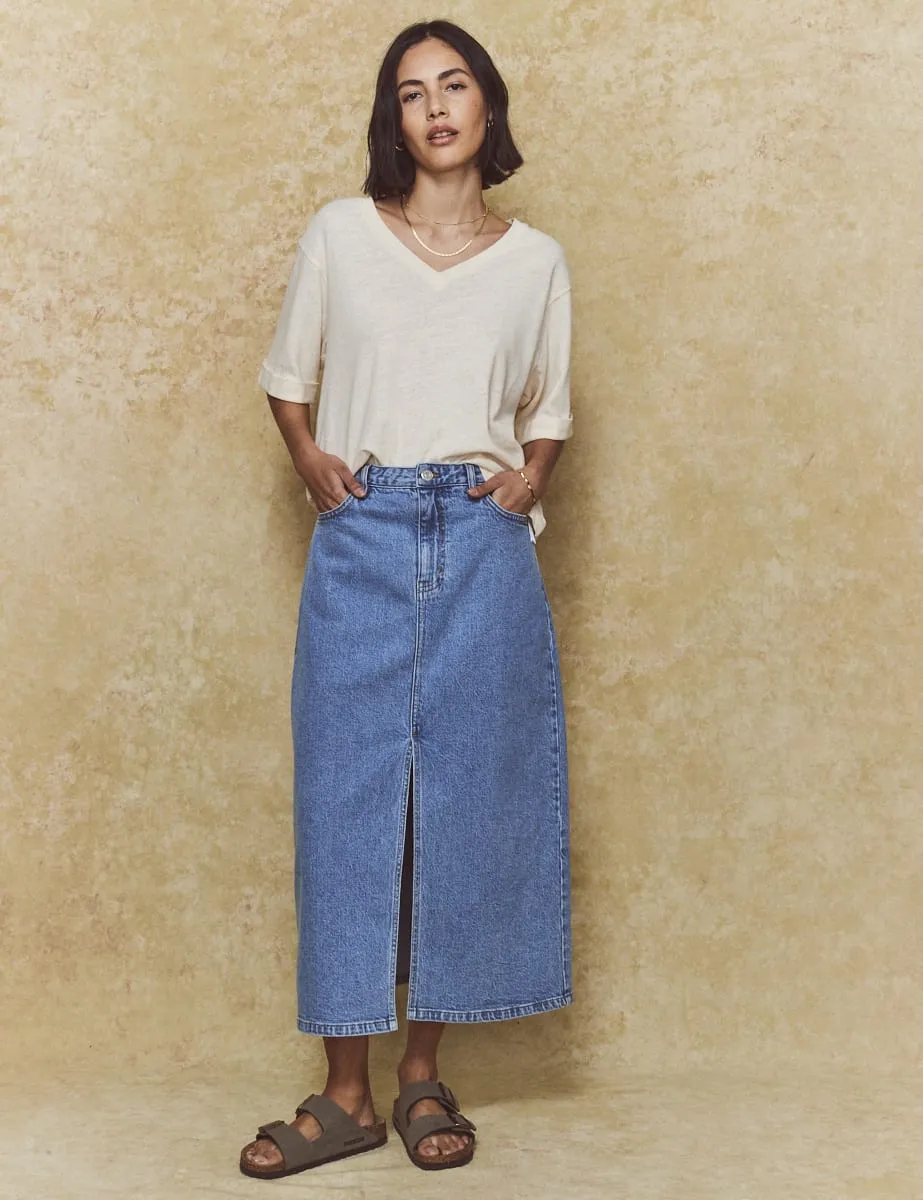 Blue Denim Front Slit Midi Skirt