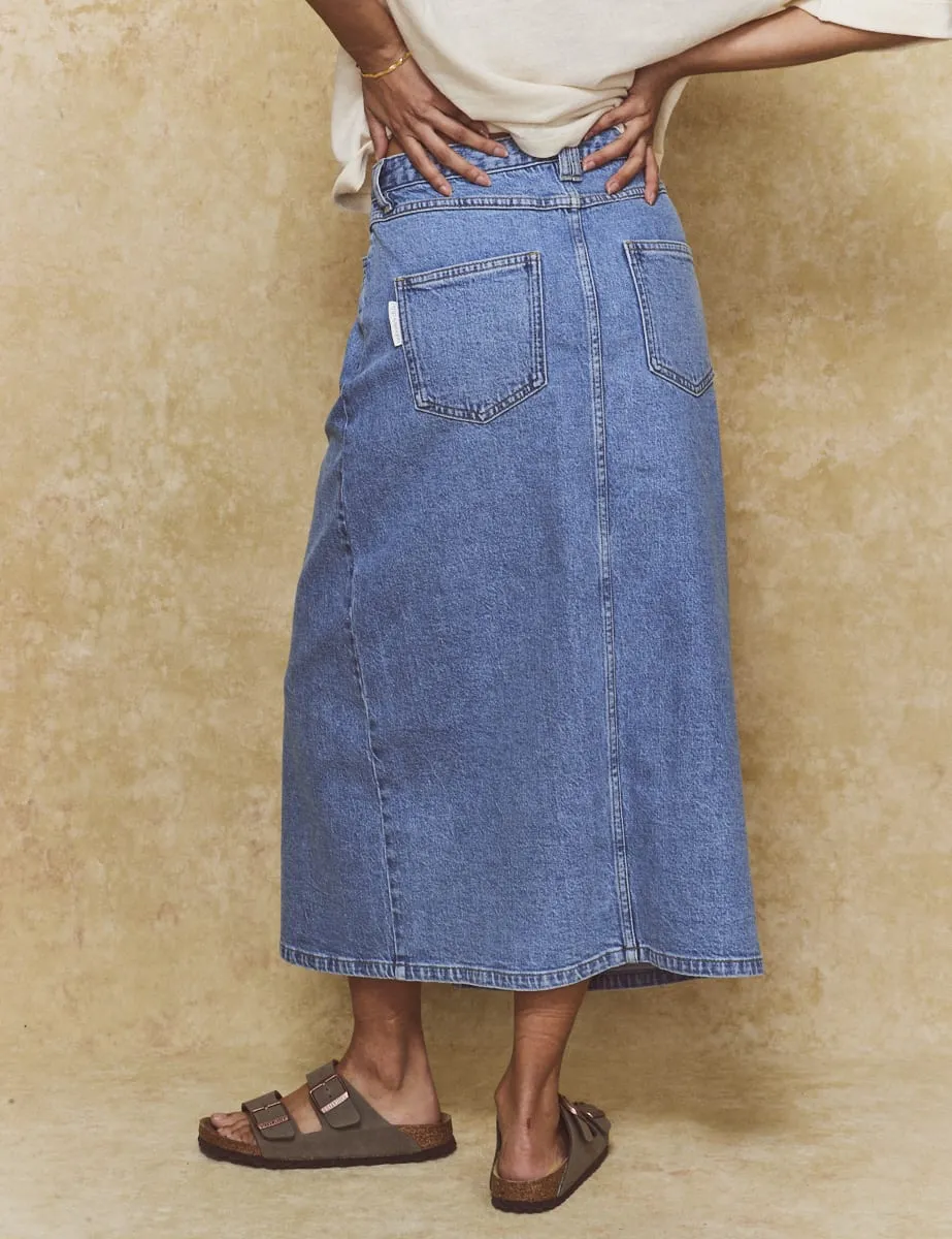 Blue Denim Front Slit Midi Skirt