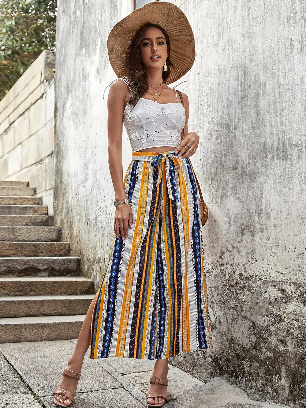 Boho Print Striped Split Pants