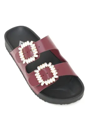 BUCKLED BLISS SLIDES-BURGUNDY