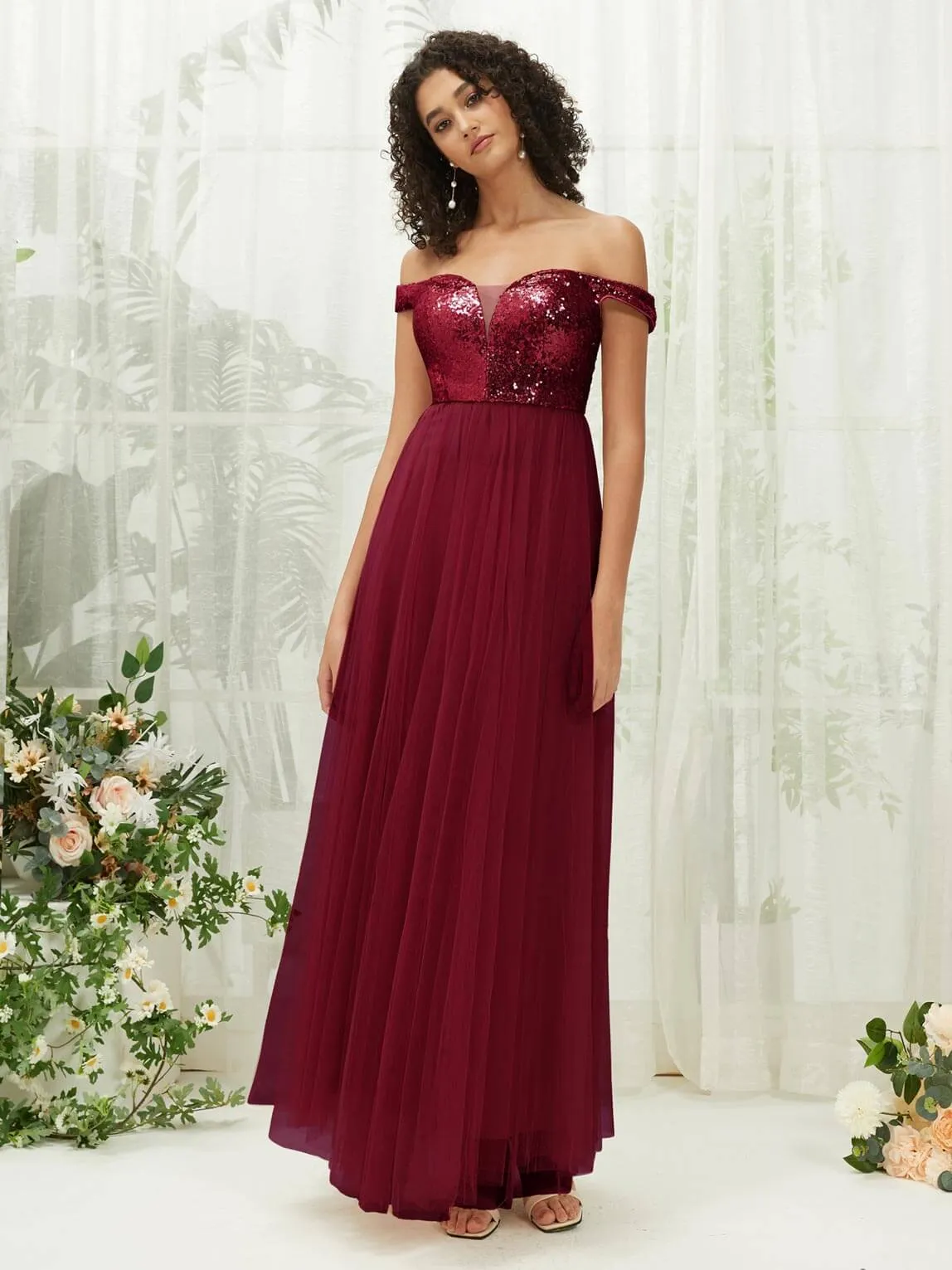 Burgundy Sequin Tulle Off-Shoulder Maxi Flowy Bridesmaid Dress