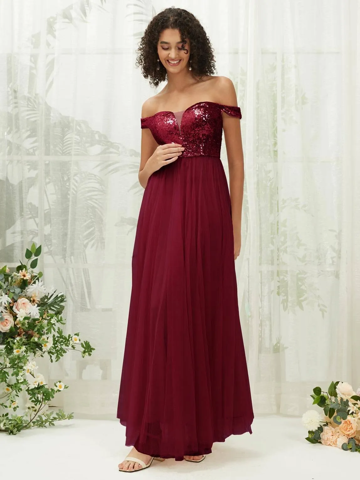 Burgundy Sequin Tulle Off-Shoulder Maxi Flowy Bridesmaid Dress