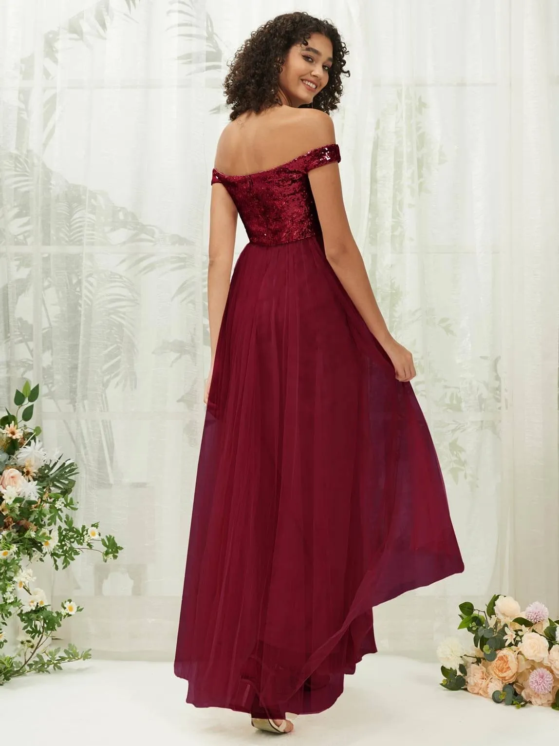 Burgundy Sequin Tulle Off-Shoulder Maxi Flowy Bridesmaid Dress