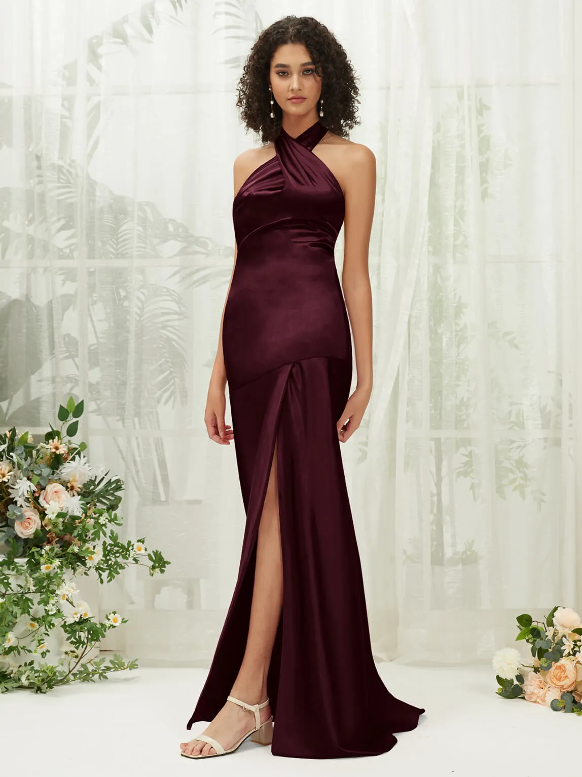 Cabernet Satin Halter Neck Sleeveless Maxi Bridesmaid Dress With Slit