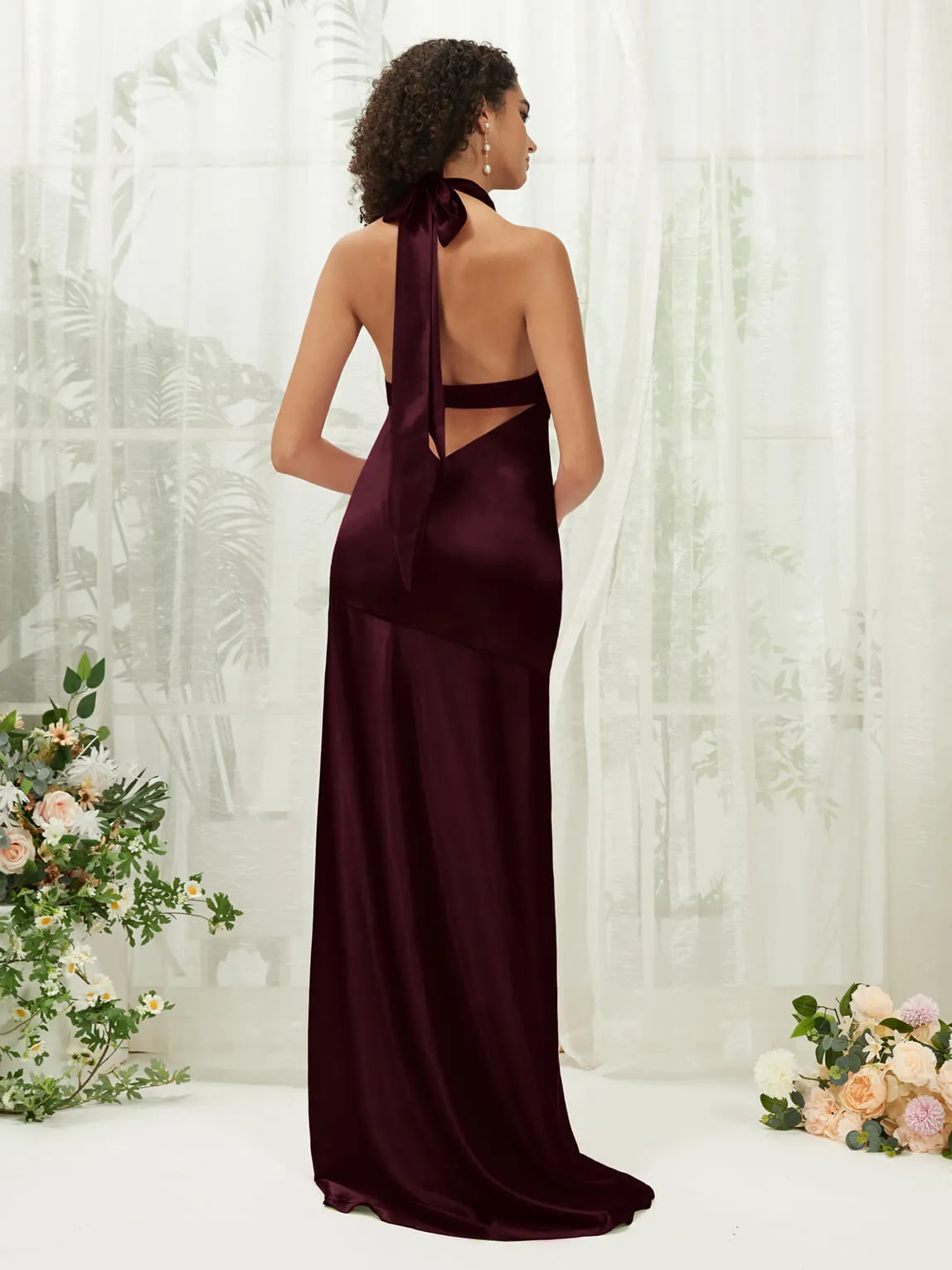 Cabernet Satin Halter Neck Sleeveless Maxi Bridesmaid Dress With Slit