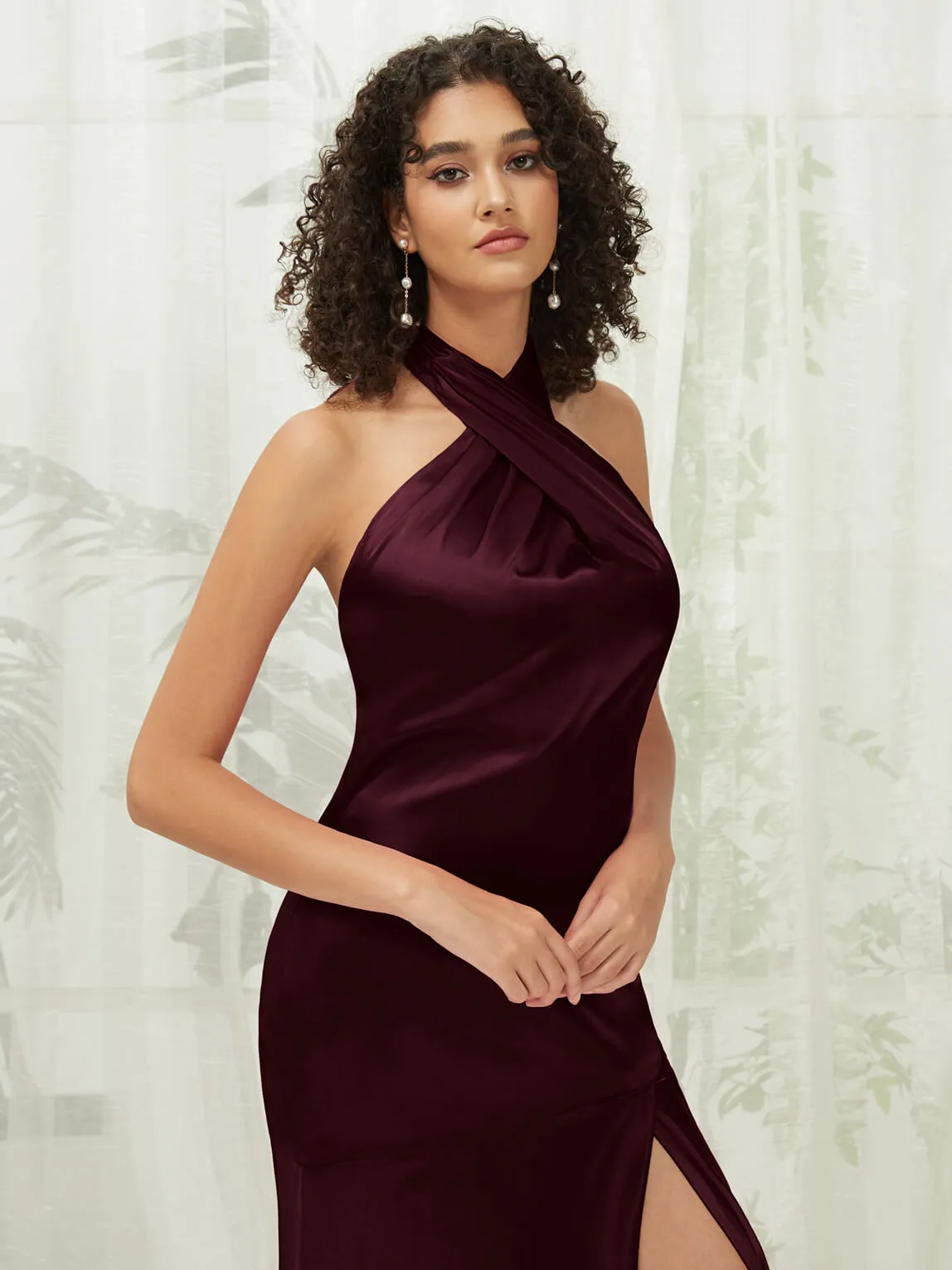 Cabernet Satin Halter Neck Sleeveless Maxi Bridesmaid Dress With Slit