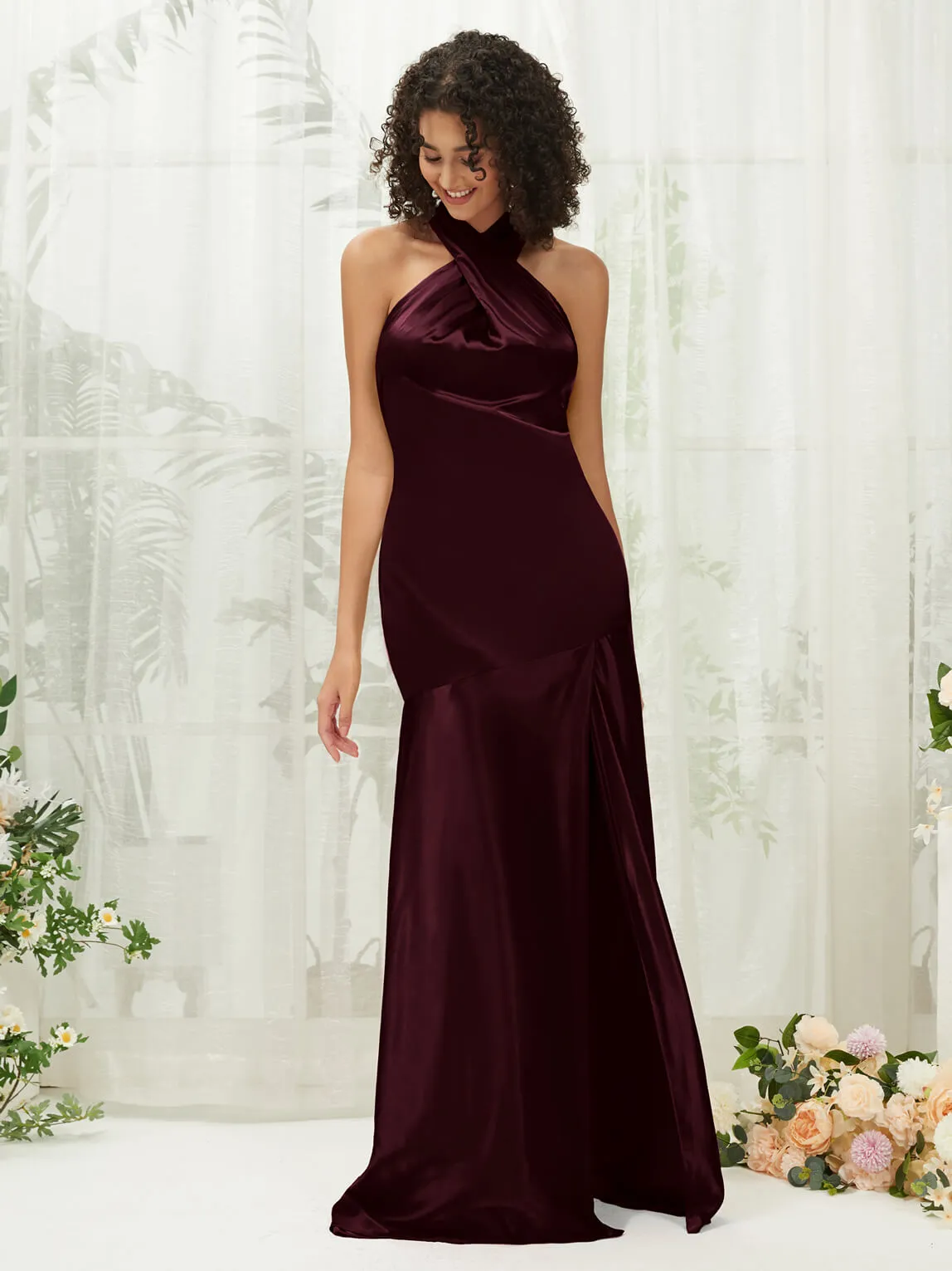 Cabernet Satin Halter Neck Sleeveless Maxi Bridesmaid Dress With Slit