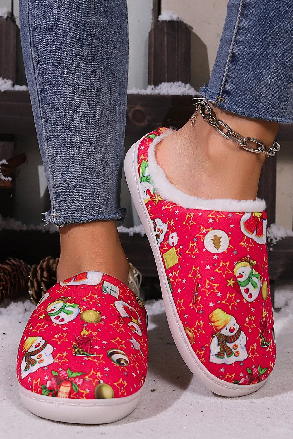 Christmas Slippers Reindeer Snowman Print Elk Fuzzy Winter Slippers