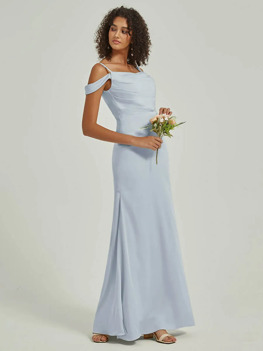 Cornflower Blue Cowl Neckline Straps Side Slit Silk Satin Convertible Bridesmaid Dress