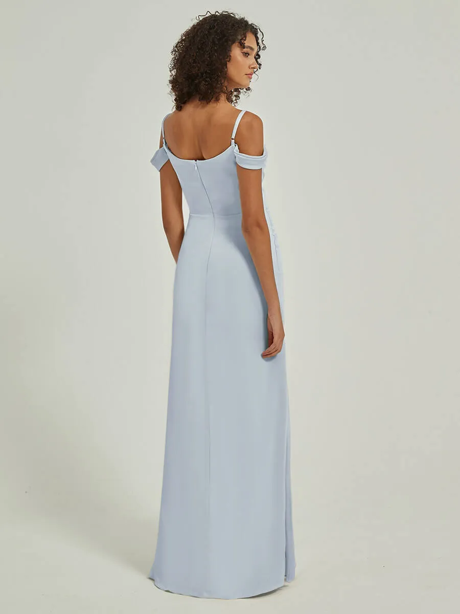 Cornflower Blue Cowl Neckline Straps Side Slit Silk Satin Convertible Bridesmaid Dress