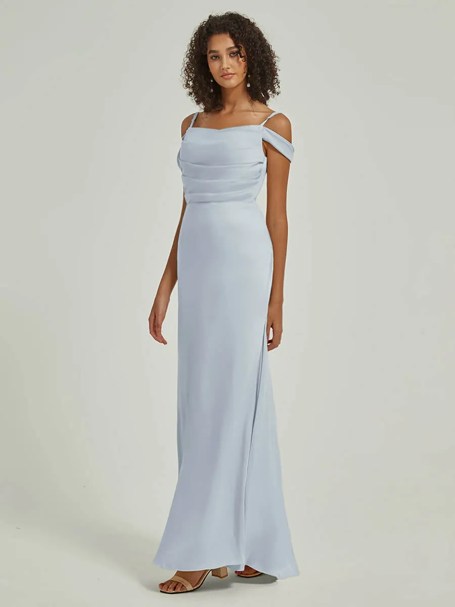 Cornflower Blue Cowl Neckline Straps Side Slit Silk Satin Convertible Bridesmaid Dress