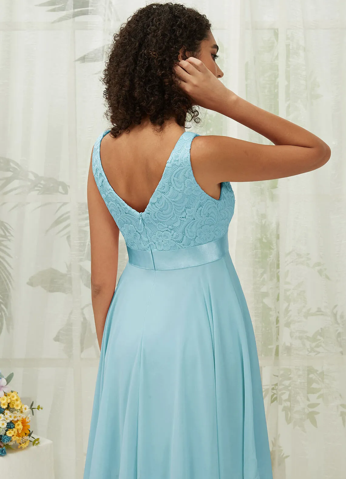 Cornflower Blue Lace V-Neck Sleeveless Midi Length Chiffon Flowy Bridesmaid Dresses