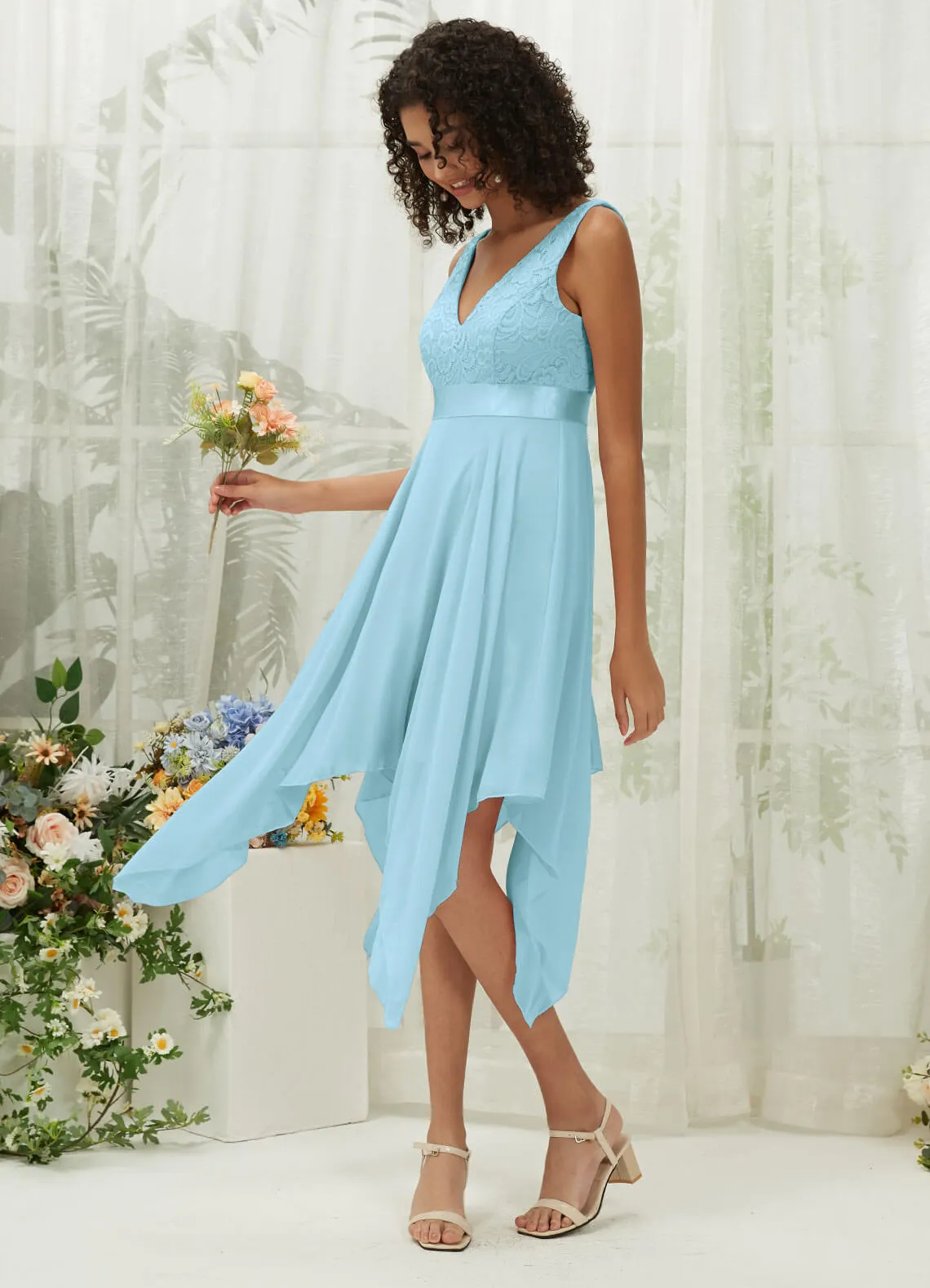 Cornflower Blue Lace V-Neck Sleeveless Midi Length Chiffon Flowy Bridesmaid Dresses