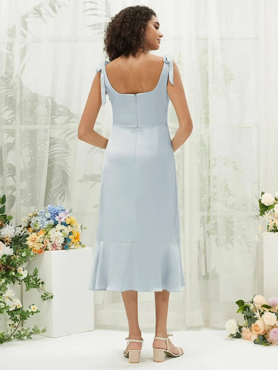 Cornflower Blue Silk Satin Square Neck Slit Tea Length Convertible Bridesmaid Dresses