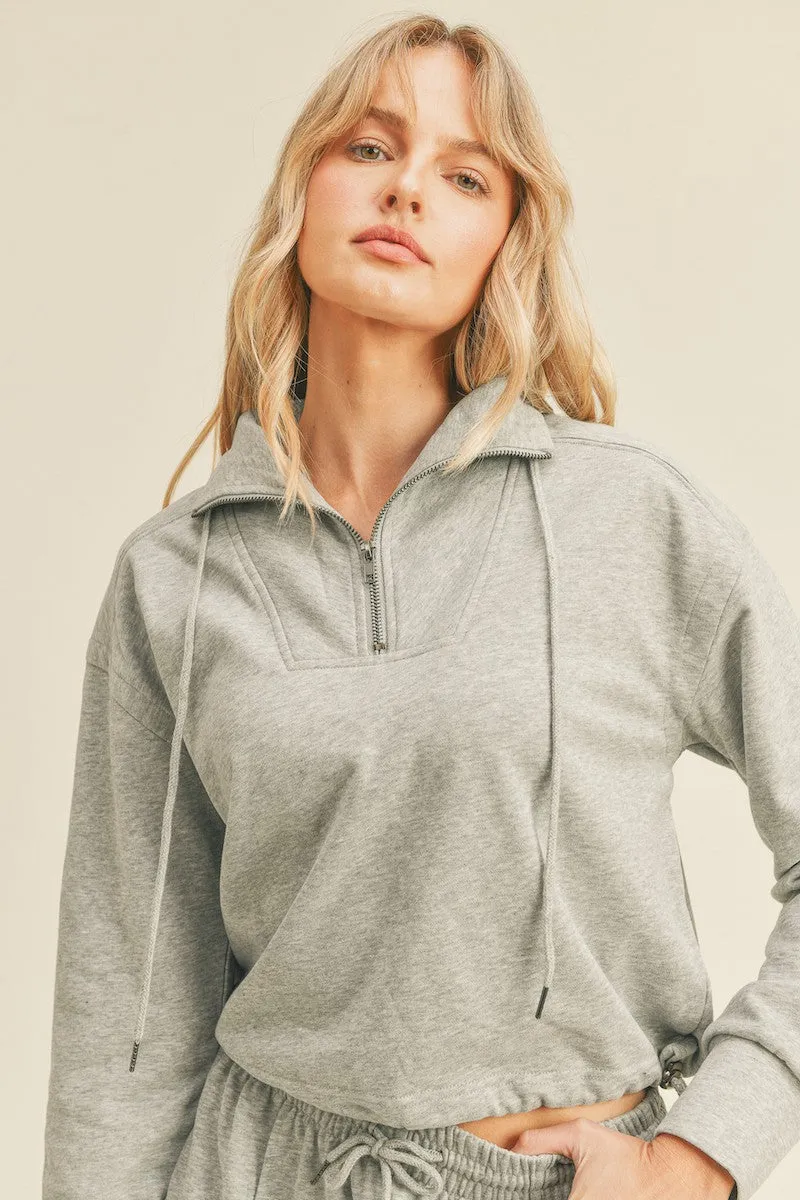 Cotton French Terry  Cropped Pullover - Heather Grey