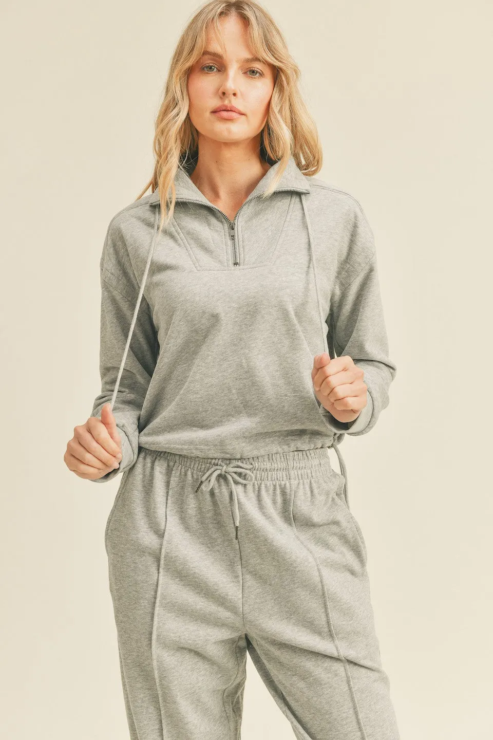 Cotton French Terry  Cropped Pullover - Heather Grey