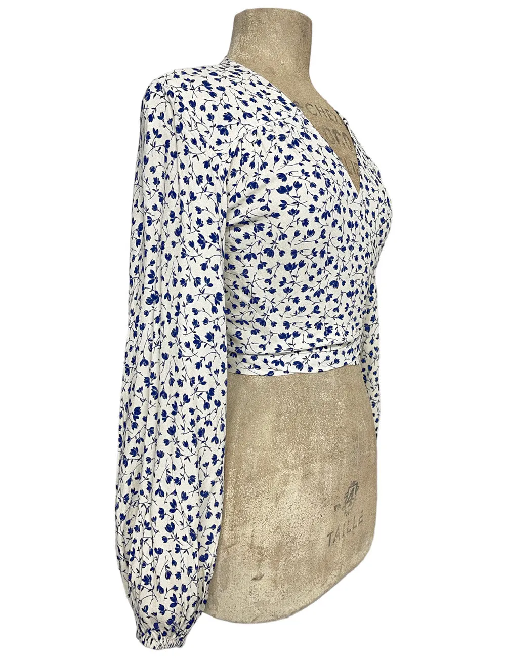 Cream & Navy Blue Vintage Ceramic Floral Print Babaloo Wrap Top