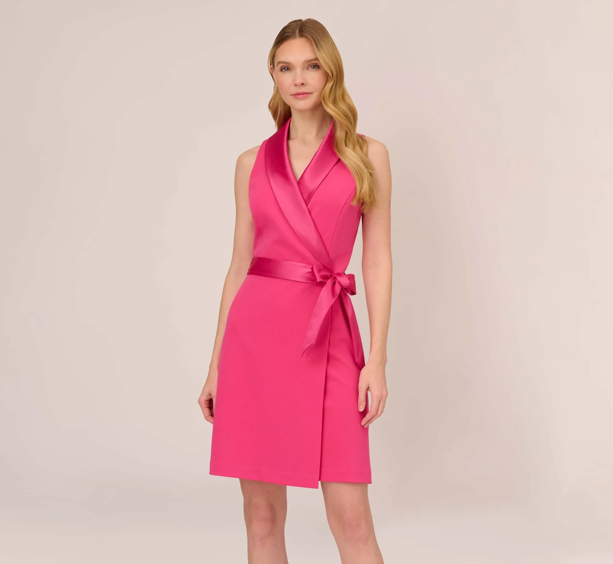 Crepe Tuxedo Short Faux Wrap Dress In Cabaret Pink