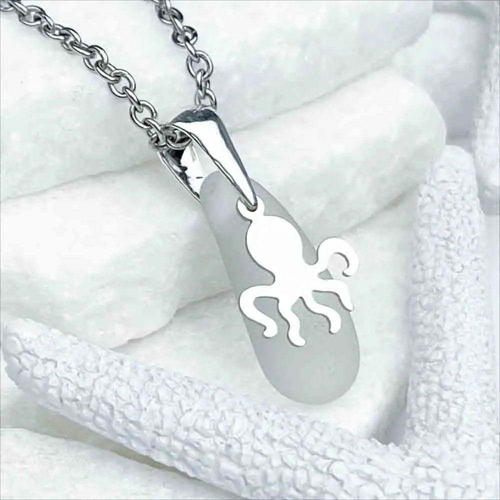 Crystal Clear Sea Glass Pendant with Sterling Silver Octopus Charm | 5218