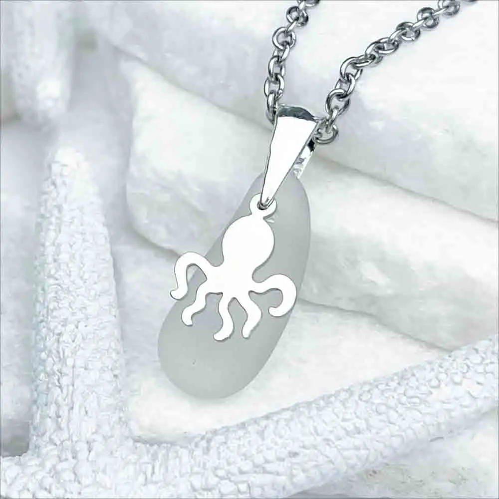 Crystal Clear Sea Glass Pendant with Sterling Silver Octopus Charm | 5218