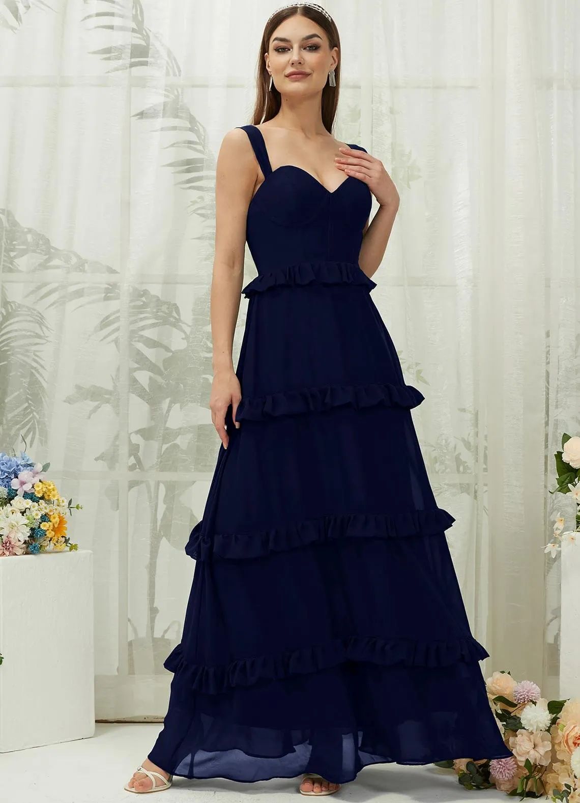 Dark Navy Chiffon Sweetheart Straps Tiered Maxi Bridesmaid Dresses