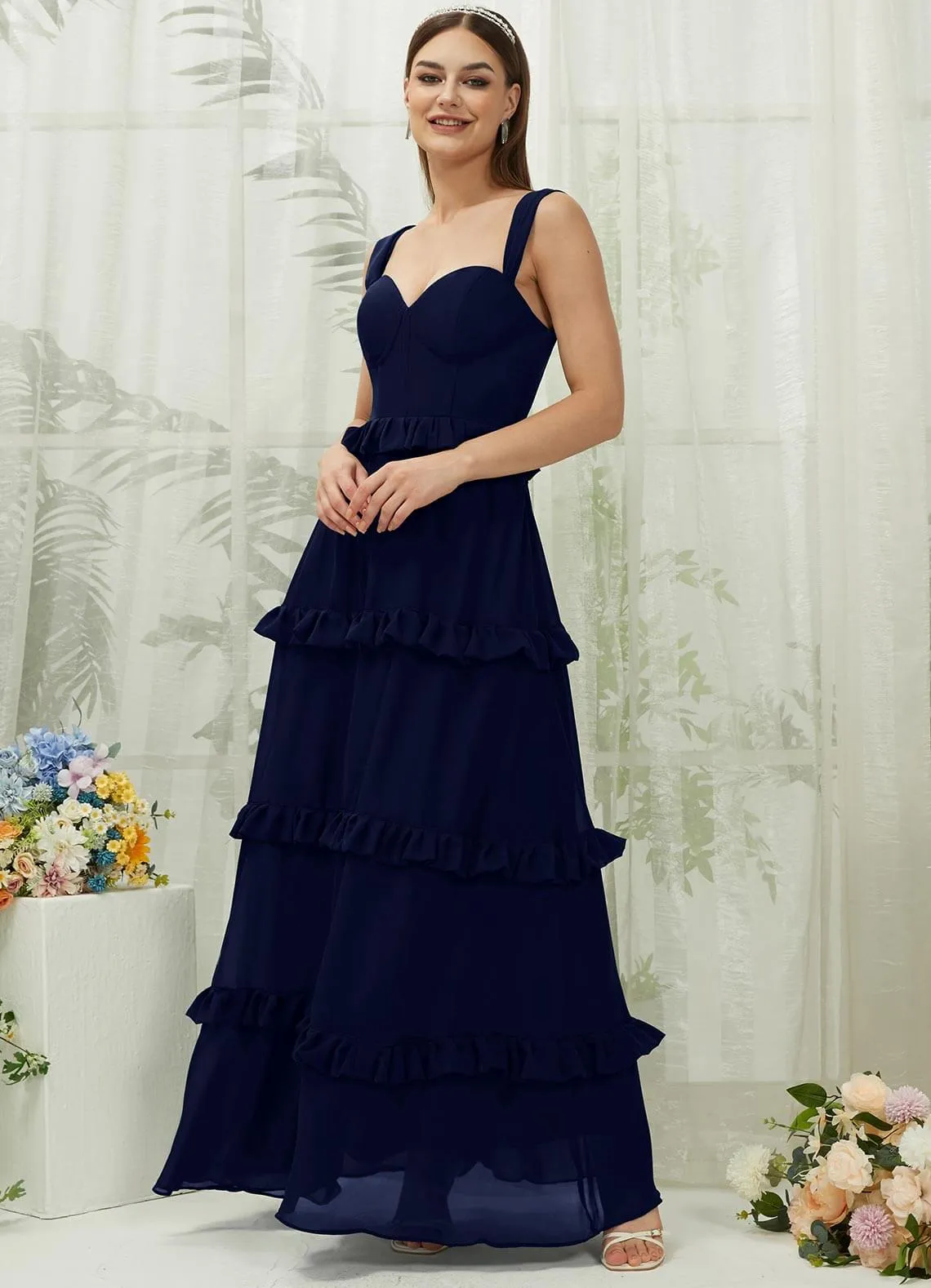 Dark Navy Chiffon Sweetheart Straps Tiered Maxi Bridesmaid Dresses