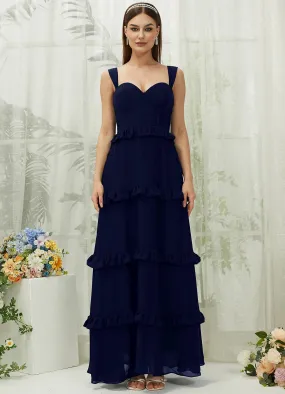 Dark Navy Chiffon Sweetheart Straps Tiered Maxi Bridesmaid Dresses