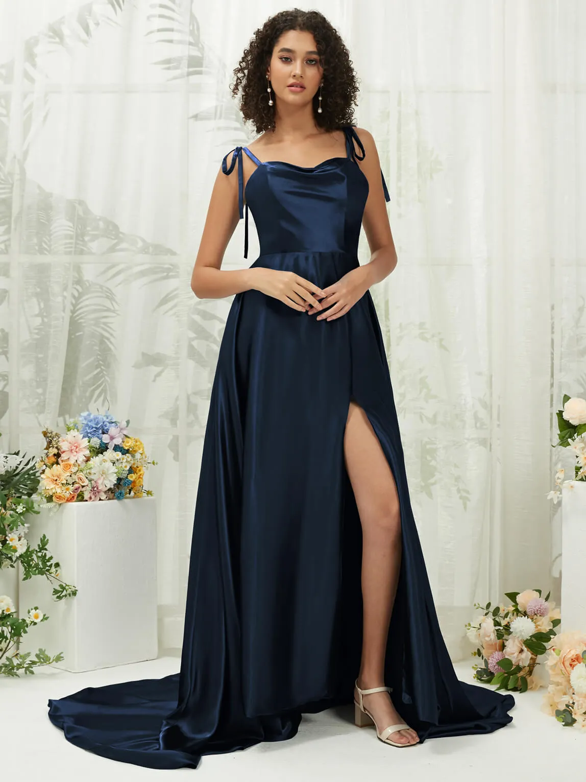 Dark Navy Satin Sweetheart Adjustable Straps Formal Gown With Pocket