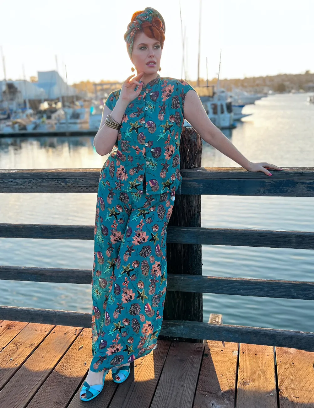 Doris Mayday for Loco Lindo - Teal Star of the Sea High Waisted Palazzo Pants