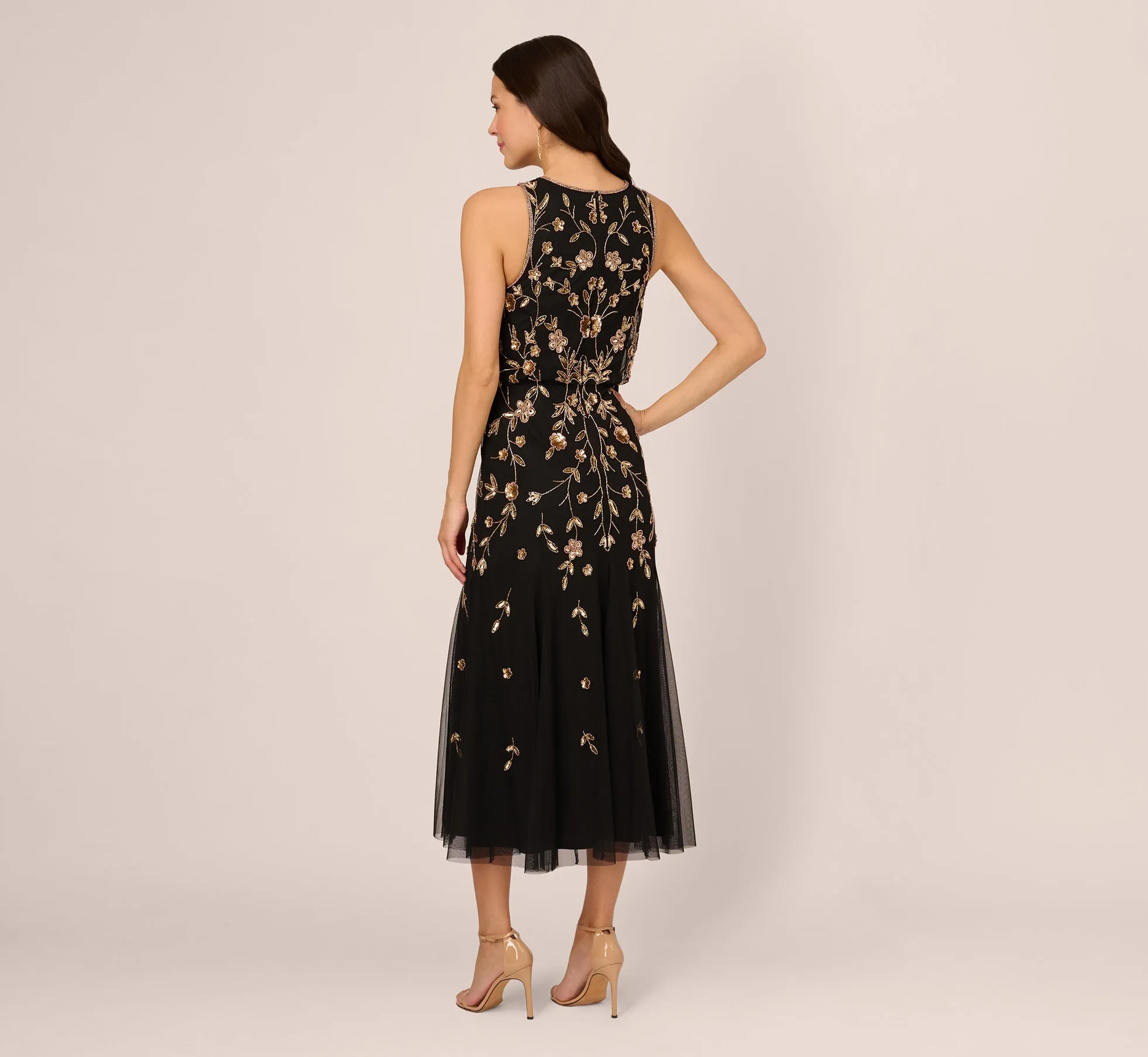 Floral Beaded Blouson Tea Length Dress In Black Gold