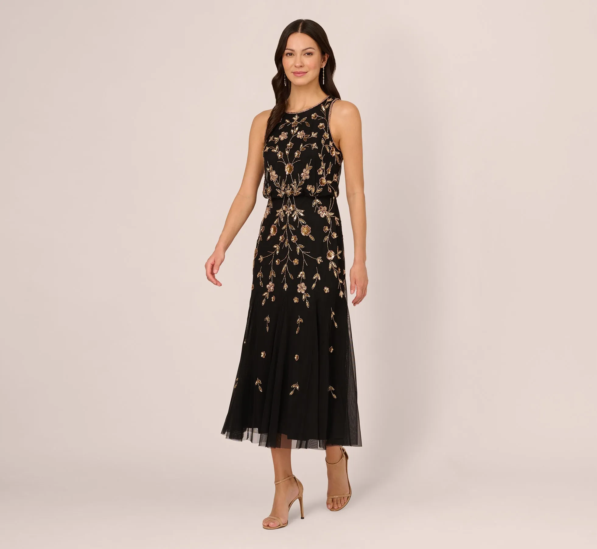 Floral Beaded Blouson Tea Length Dress In Black Gold