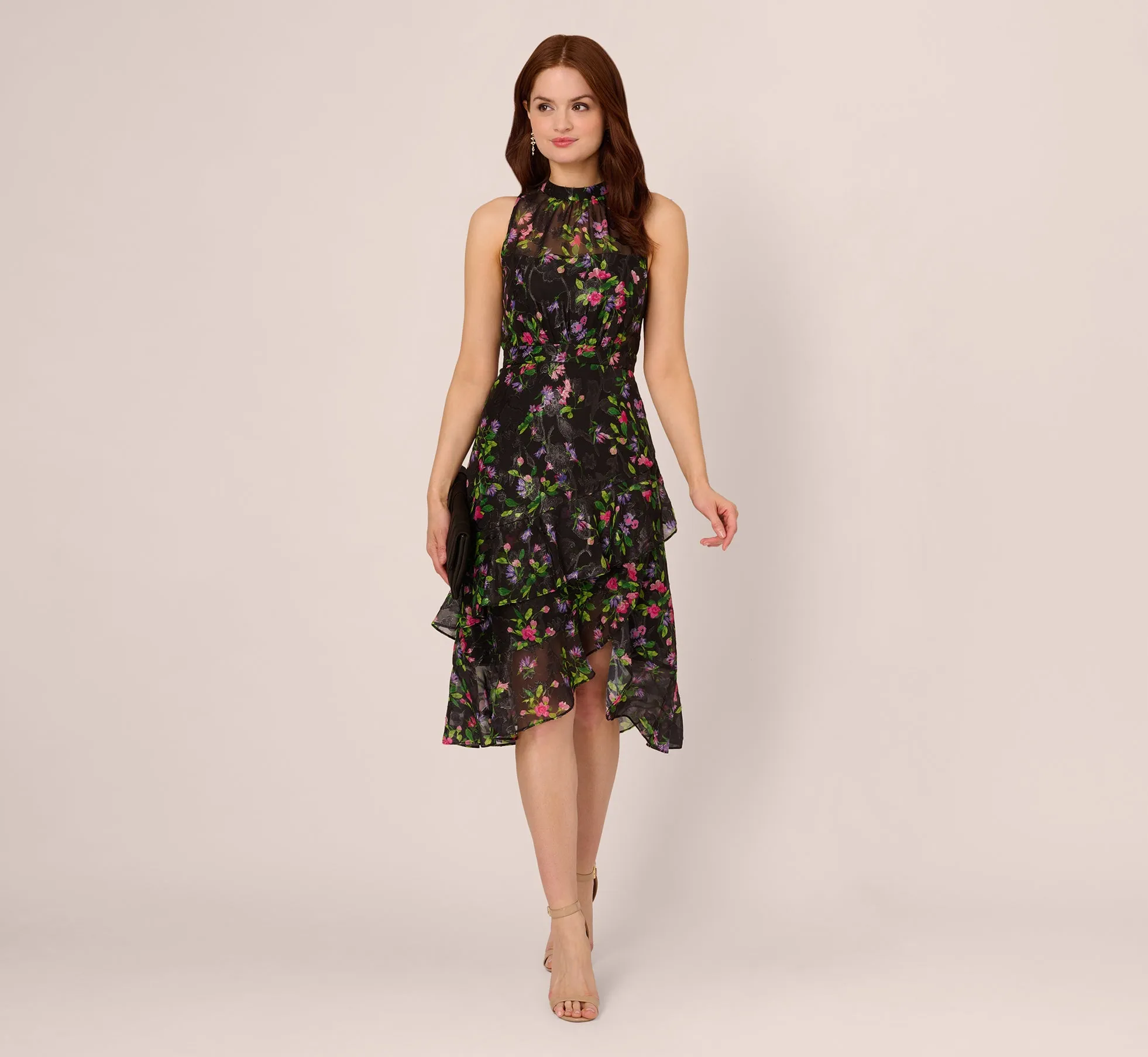 Floral Chiffon Halter Midi Dress With Flounce Hem In Black Multi