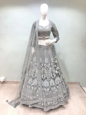 Gray Net Lehenga With Multi Dori And Mirror work