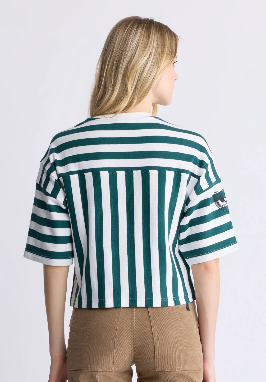 Kenza Women's Cropped Stripped T-Shirt, White & Green - KT0146F