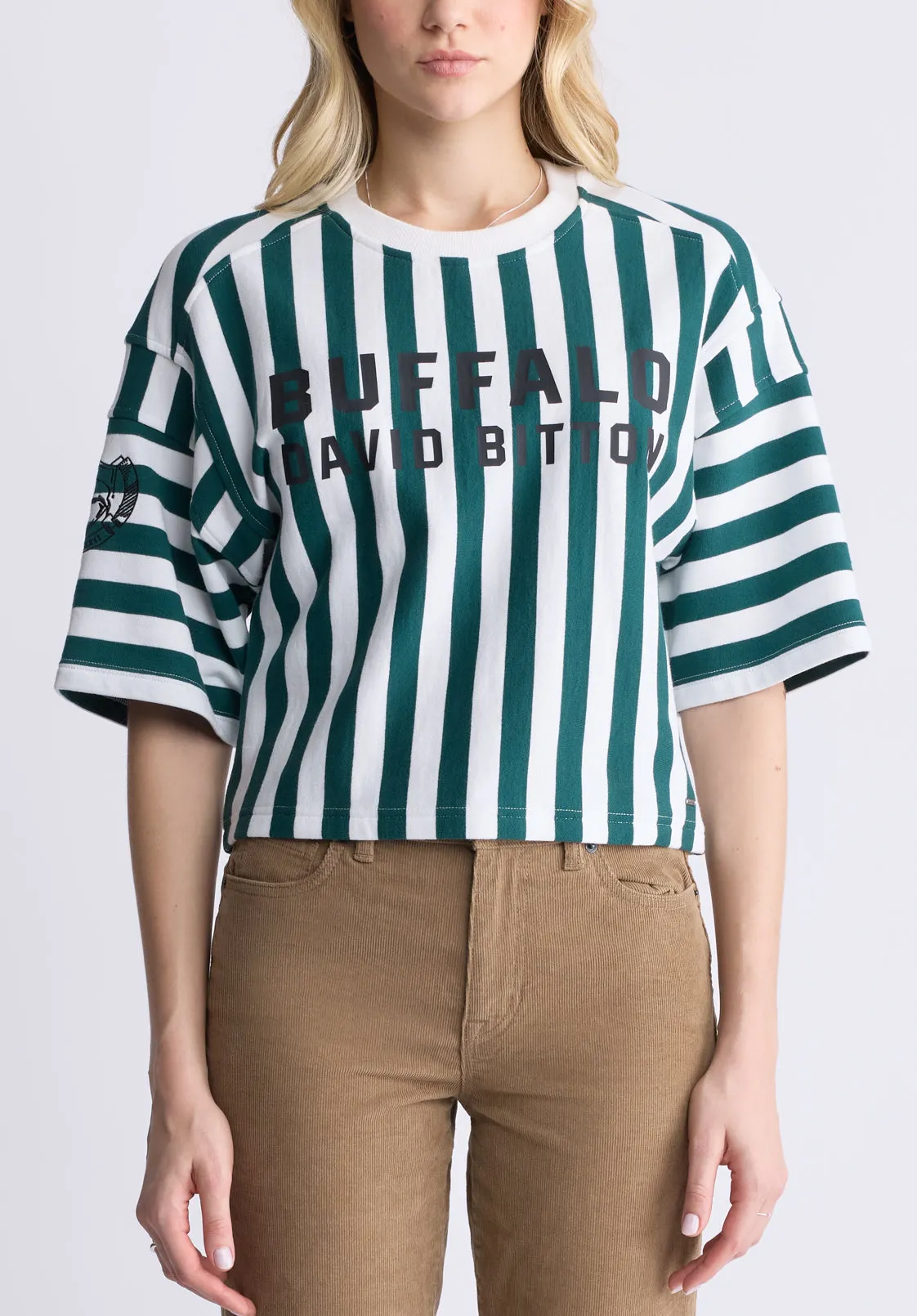 Kenza Women's Cropped Stripped T-Shirt, White & Green - KT0146F