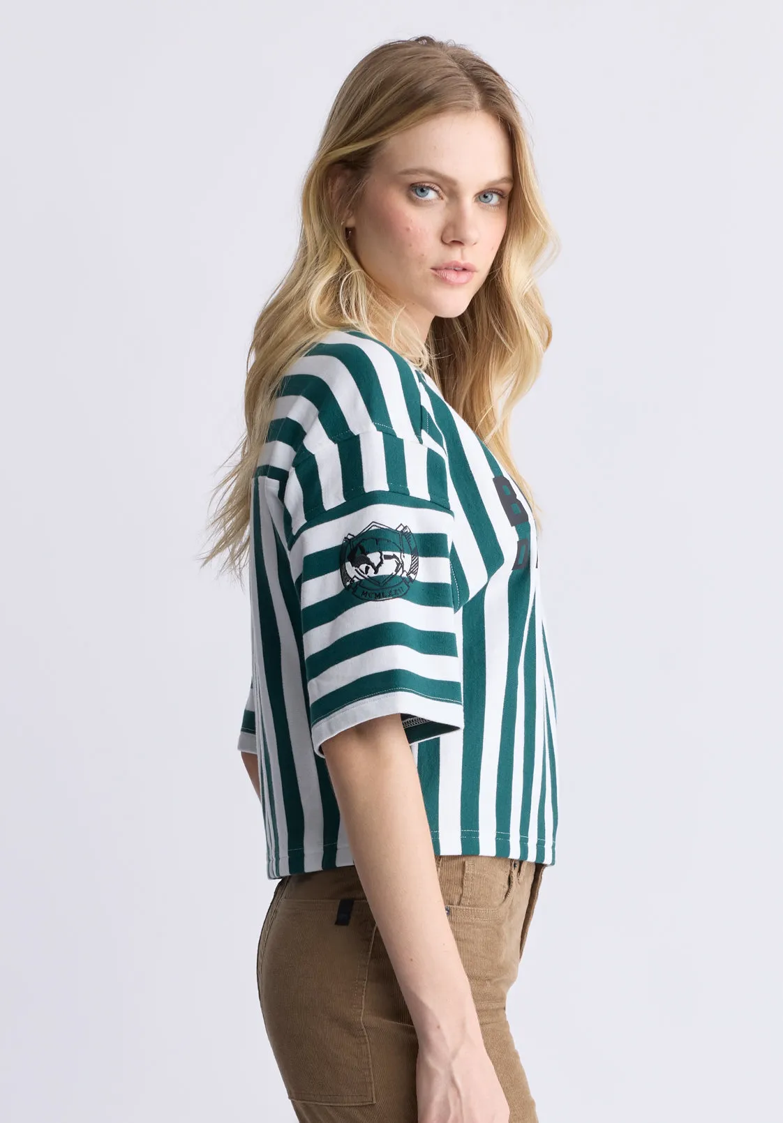 Kenza Women's Cropped Stripped T-Shirt, White & Green - KT0146F